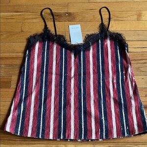 Zara Red, Navy & White Striped Sequin Lace-Trim Cami
